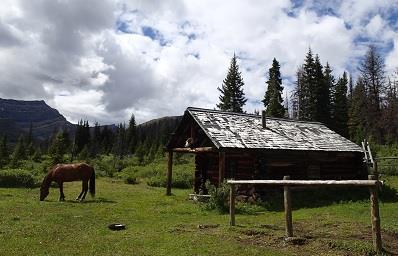 Side view of the Divide Warden Cabin, showing its round log wood construction with saddle-notched corners, 2016.; Steve Malins, Agence Parcs Canada / Parks Canada Agency, 2016.