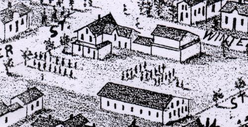 Showing rectangular drill shed on lower right; Ruger's Bird's Eye View of Summerside, 1878