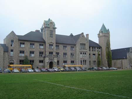 Of note are the limestone construction and two towers; Kayla Jonas, 2007.