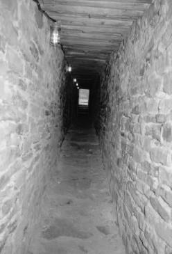 View of the passageway leading from the Caponier to the interior of Fort Wellington, showing the long narrow masonry access tunnel, 1991.; De Jonge, Parks Canada Agency / Agence Parcs Canada, 1991.
