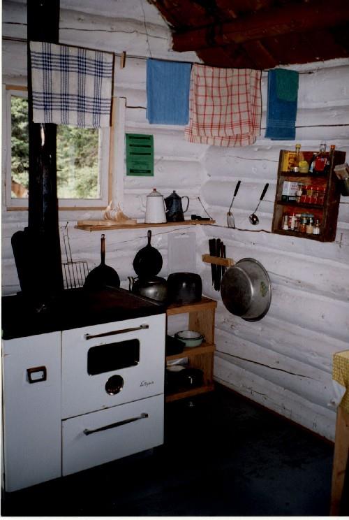 Interior view of the Byng Warden Patrol Cabin, showing the walls of horizontally laid peeled logs, 1997.; Parks Canada Agency / Agence Parcs Canada, 1997.
