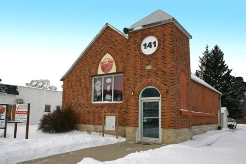 Primary elevations, from the northeast, of the Calvary Pentecostal Church, Carberry, 2008; Historic Resources Branch, Manitoba Culture, Heritage, Tourism and Sport, 2008