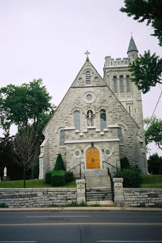 Church of the Good Thief front façade showing retaining wall along King Street West- 1994; OHT
