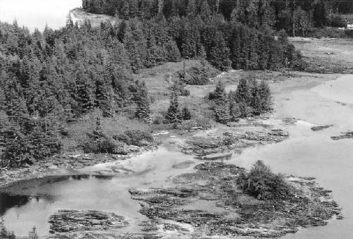 View of Metlakatla Pass National Historic Site of Canada, showing its mature coniferous cover, 1997.; Agence Parcs Canada / Parks Canada Agency, L. Dick, 1997.
