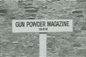 Detail view of the Powder Magazine at the Moose Factory Buildings National Historic Site of Canada, 1973.; Agence Parcs Canada / Parks Canada Agency, 1973.