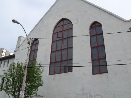 View of stained glass windows as seen on the western facade.  Photo taken June 8, 2007.; Deborah O'Rielly HFNL 2007