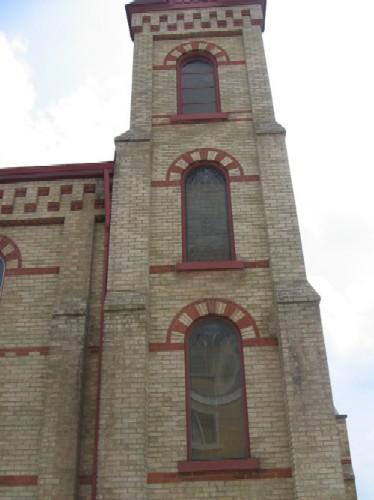 Detail of polychromatic bell tower and buttresses; OHT, 2006