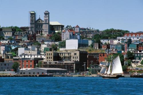 View of the Basilica taken from St. John's harbour.  Church can be seen on the horizon at the top of the photo.  Date unknown.; HFNL 2007