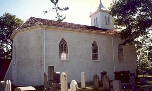 Oblique view of tombstones and  north and east side of church - 1996; OHT - 1996