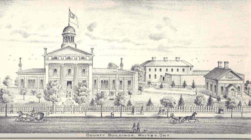 East elevation of the Court House showing the jail (demolished) and Registry Office; Historical Atlas of Ontario County, J.H. Beers and Co., Toronto, 1877