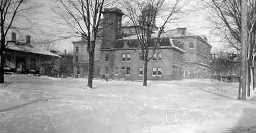 Fire Hall's south elevation showing Victoria Hall in the background and Market to the left – 1913; Cobourg Public Library – Accession  # 720-121