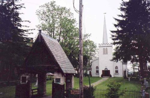 View through lynch gate and graveyard from Walnut Street - 2002; OHT, 2002