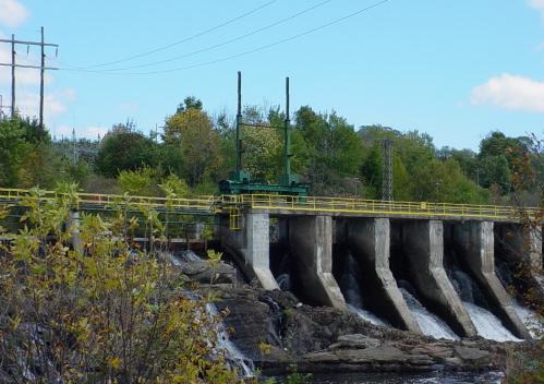 View of the hydroelectric structure and fishway at the falls; Town of St. Stephen