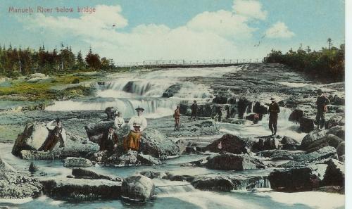 View of Manuels River looking generally south, towards the bridge. Colourized photo taken circa 1896.; Manuels River Natural Heritage Society 2008