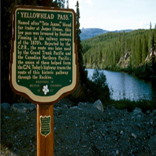 View of a plaque commemorating Yellowhead Pass, 1968.; Parks Canada Agency/Agence Parcs Canada, R.D. Muir, 1968.
