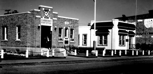 Archival view, from the southeast, of the Carberry-North Cypress Library, Carberry, ca. 1945; Carberry Plains Archives, ca. 1945