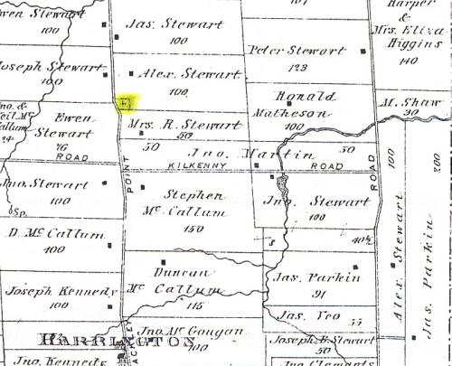 Cemetery is shown on land owned by Alex Stewart; Meacham's Illustrated Historical Atlas of PEI, 1880