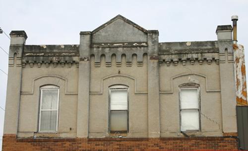 Detail view of the main elevation of the Davidson Building, Carberry, 2008; Historic Resources Branch, Manitoba Culture, Heritage, Tourism and Sport, 2008