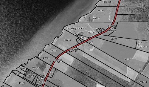Map with arrow indicating the location of cemetery; PEI Genealogical Society