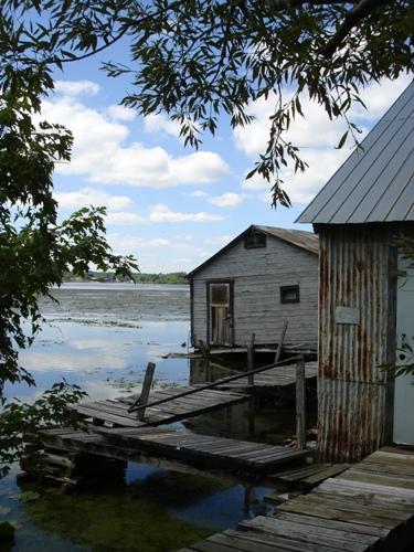 Boathouses and wetland vegetation on the Cataraqui River shore in Barriefield; RHI 2006
