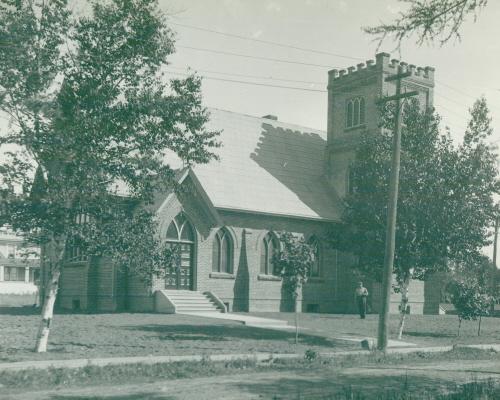 Showing church with tower, c. 1940s; MacNaught Archives Acc. 018.98