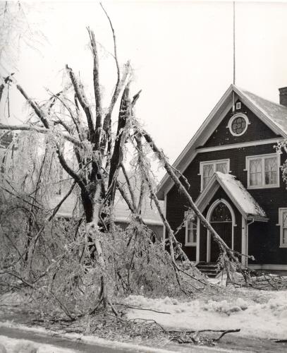 Showing building after a sleet storm, 1956; MacNaught Archives Acc. 145.006