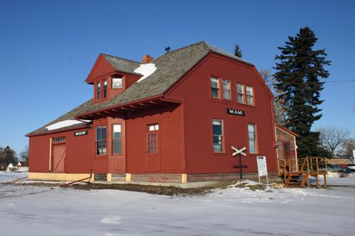 Primary elevations, from the southeast, of the former Miami Northern Pacific and Manitoba Railway Station, Miami, 2009; Historic Resources Branch, Manitoba Culture, Heritage, Tourism and Sport, 2009