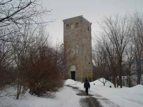 Corner view of the E.B. Eddy Digester Tower, showing the exterior walls of solid limestone masonry, 2009.; Parks Canada Agency / Agence Parcs Canada, Jamie Dunn, 2009.