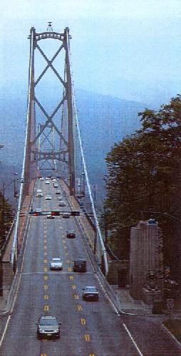 View of the Lions Gate Bridge, showing its Art Deco architectural elements and fittings that form the south entrance to the bridge, 2003.; Parks Canada Agency / Agence Parcs Canada, Judith Dufresne, 2003.