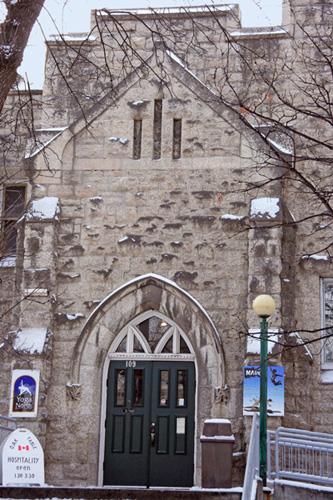 Detail view of door and wall treatment of Guild Hall section of Augustine United Church, Winnipeg, 2008; Historic Resources Branch, Manitoba Culture, Heritage and Tourism, 2008