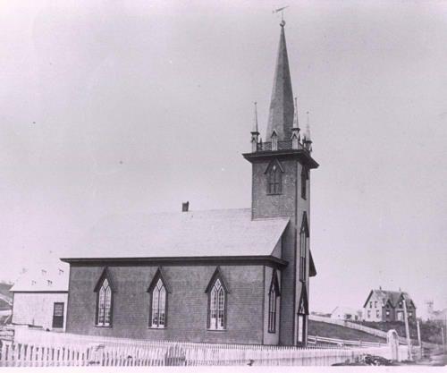 121 Edgewater Street ca. 1880, Mahone Bay, NS. The house can be seen to the right of the Lutheran Church.; Courtesy of Settlers Museum, Mahone Bay, NS.