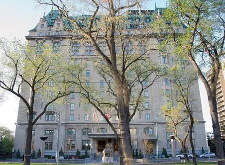 General view of Fort Garry Hotel, showing formal entrance with stone stairs, brass railings, and a copper-detailed canopy, 2007.; Fort Garry Hotel, Omega Man, 2007.