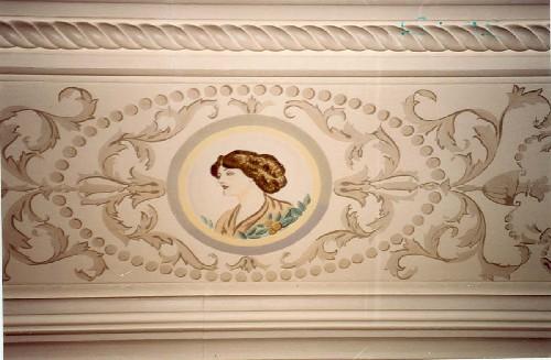 Interior view of Castle Kilbride, showing an early 20th-century arabesque painted within a real plaster border, 1993.; Parks Canada Agency / Agence Parcs Canada, J. Hucker, 1993.