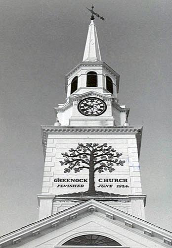 Detail of the Greenock church bell-tower, showing the staged spire mounted over the entry, pediment, and classical mouldings, 1994.; Parks Canada Agency/Agence Parcs Canada, Katherine Spencer-Ross, 1994.