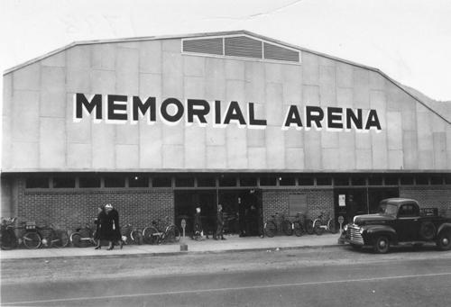 Historic view of the Memorial Arena, 1949; City of Kamloops Museum and Archives