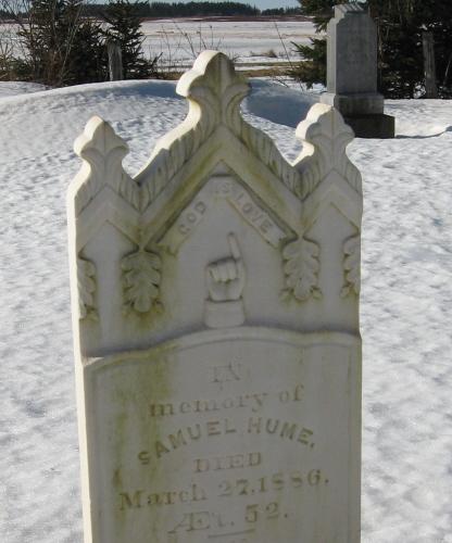 Detail of finger pointing to God is Love message; PEI Genealogical Society, 2008