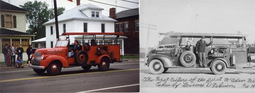 Current image of the first fire truck (right) and a historic image of the truck (left); McAdam Historical Restoration Commission