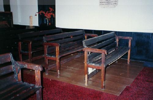 Interior view of Little Dutch (Deutsch) Church, showing its simple wooden furnishings, 1996.; Anne West, 1996.