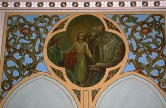 Detail view of a decorative motif applied to the nave of St. Jude's Anglican Church.; Parks Canada Agency/ Agence Parcs Canada.