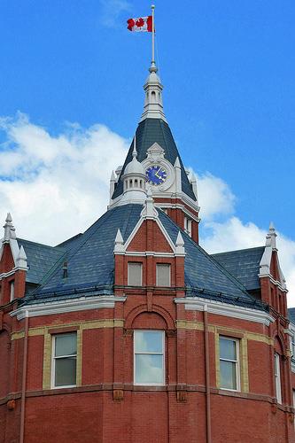 Detail view of Stratford City Hall, showing its features typical of late 19th-century town halls, including the prominent clock tower, 2010.; Stratford City Hall, Tom Flemming, 2010