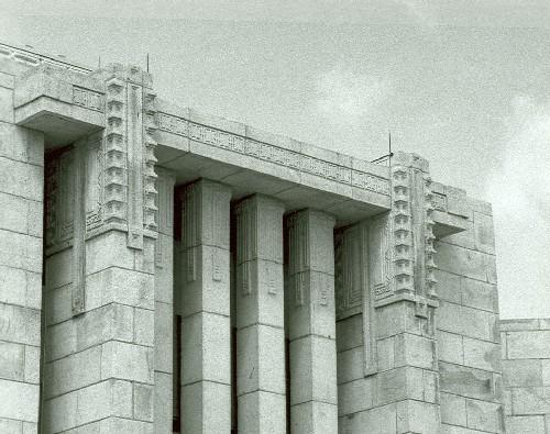 Detail of the Temple of the Church of Jesus Christ of Latter Day Saints, showing the use of Arts and Crafts decorative motifs, 1992.; Parks Canada Agency / Agence Parcs Canada, 1992.