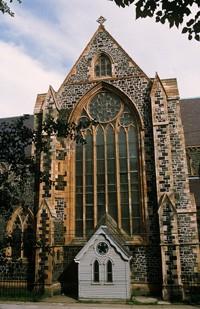 View of the façade of St. John the Baptist Anglican Cathedral, showing the stained glass windows, 2002.; Parks Canada Agency | Agence Parcs Canada, J.F. Bergeron, 2002.