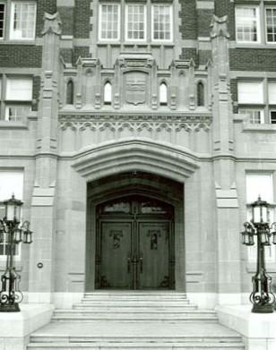 Detail of the entrance porch of Heritage Hall, 1986.; Parks Canada Agency / Agence Parcs Canada, Dana Johnson, 1986.