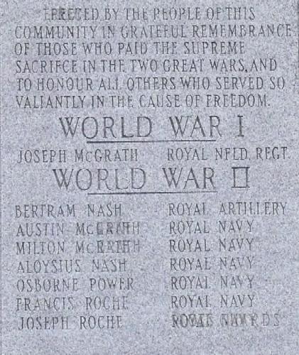Photo view of the inscription in the War Memorial, Branch, NL, 2008; Andrea O'Brien, HFNL, 2008