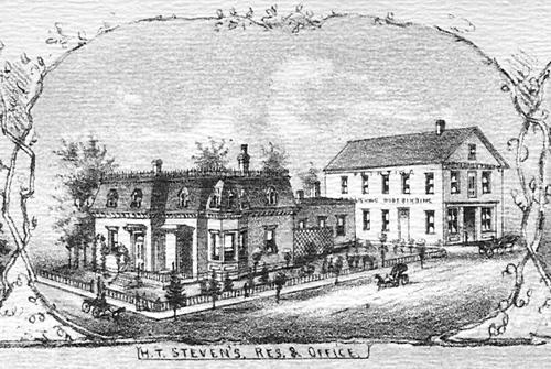This drawing, taken from a border panel on an 1881 map of Moncton, shows the residence of H. T. Stevens and the associated Times Publishing building; Moncton Museum