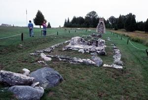 View of remains at Fort St. Joseph, showing the spatial relationships between and among these remnants, 1994.; Parks Canada Agency / Agence Parcs Canada, J.P. Jérôme, 1994.