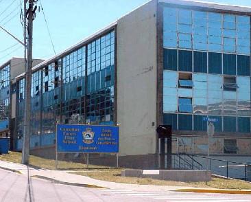 General view of the Trades Training Building, showing the use of durable, easy to maintain materials including glass, concrete block, reinforced concrete, and steel, 2005; CFB Esquimalt / BFC Esquimalt, 2005.