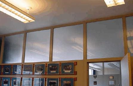 Interior view of the Radar Training Building, showing the floor to ceiling wood and glass partitioning system in the offices, which was widely used in government offices in the 1950s, 2005.; CFB Esquimalt / BFC Esquimalt, 2005.