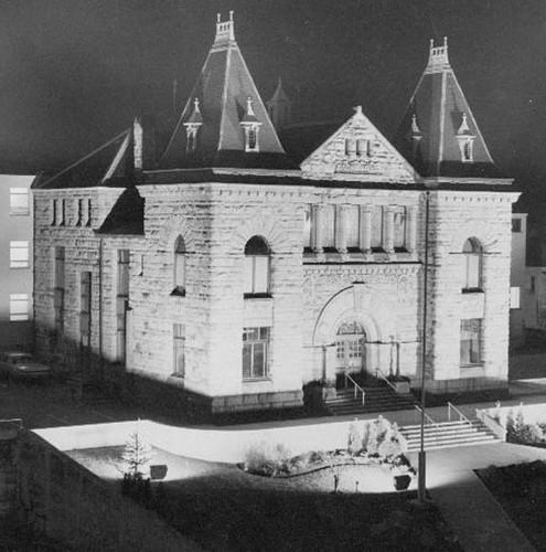 Exterior (night) view of the Nanaimo Court House, 1970; Nanaimo Community Archives, Nanaimo Daily News Fonds, Photo No. 2001 001 A-P55