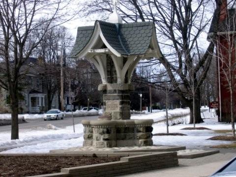 Of note are the fountains built into the stone base.; Mary Tivy, 2008.